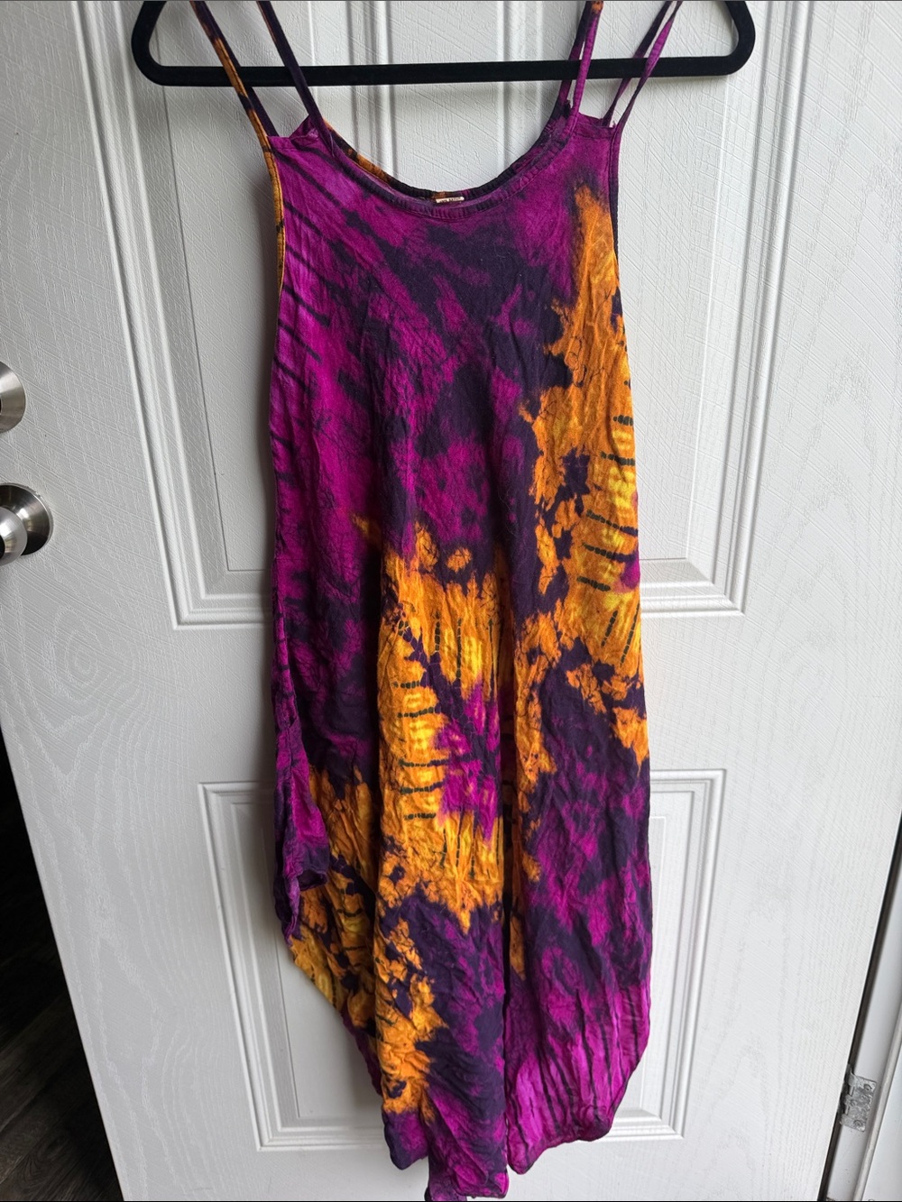 Boho Tie Dye Rayon Balloon Dress Purple Orange Festival Whimsy Cottagecore